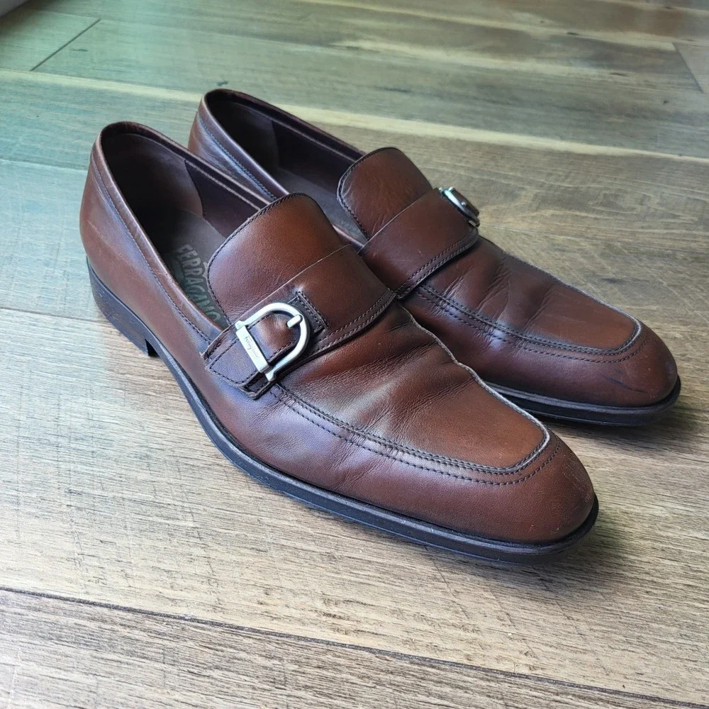 Salvatore Ferragamo Mens Brown Leather Monk Strap Loafers 7.5 D 20709 Italy